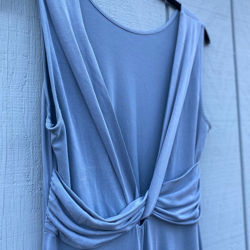 BCBG MAXAZRIA high to low midi slate blue dress with draped back